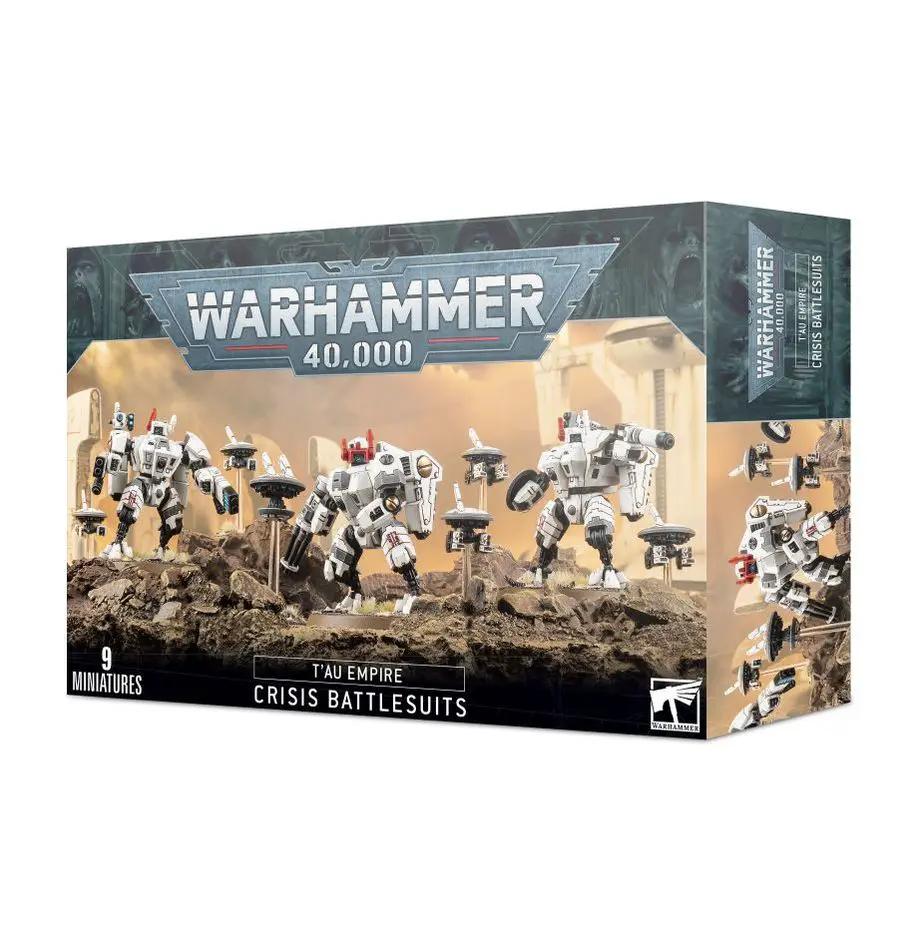 T'au Empire XV8 Crisis Battlesuit team from Warhammer 40,000, featuring detailed miniature models with armor and weaponry.