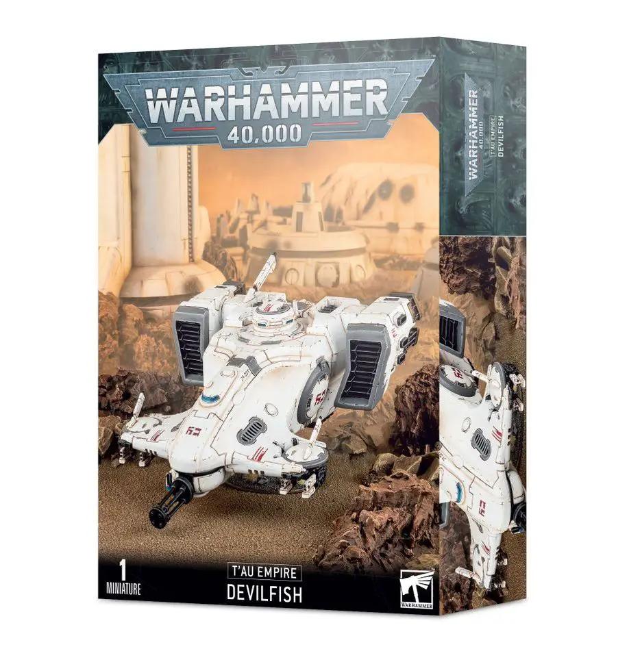 T'au Empire Devilfish model from Warhammer 40,000, detailed miniature in green and gray military colors for tabletop gaming