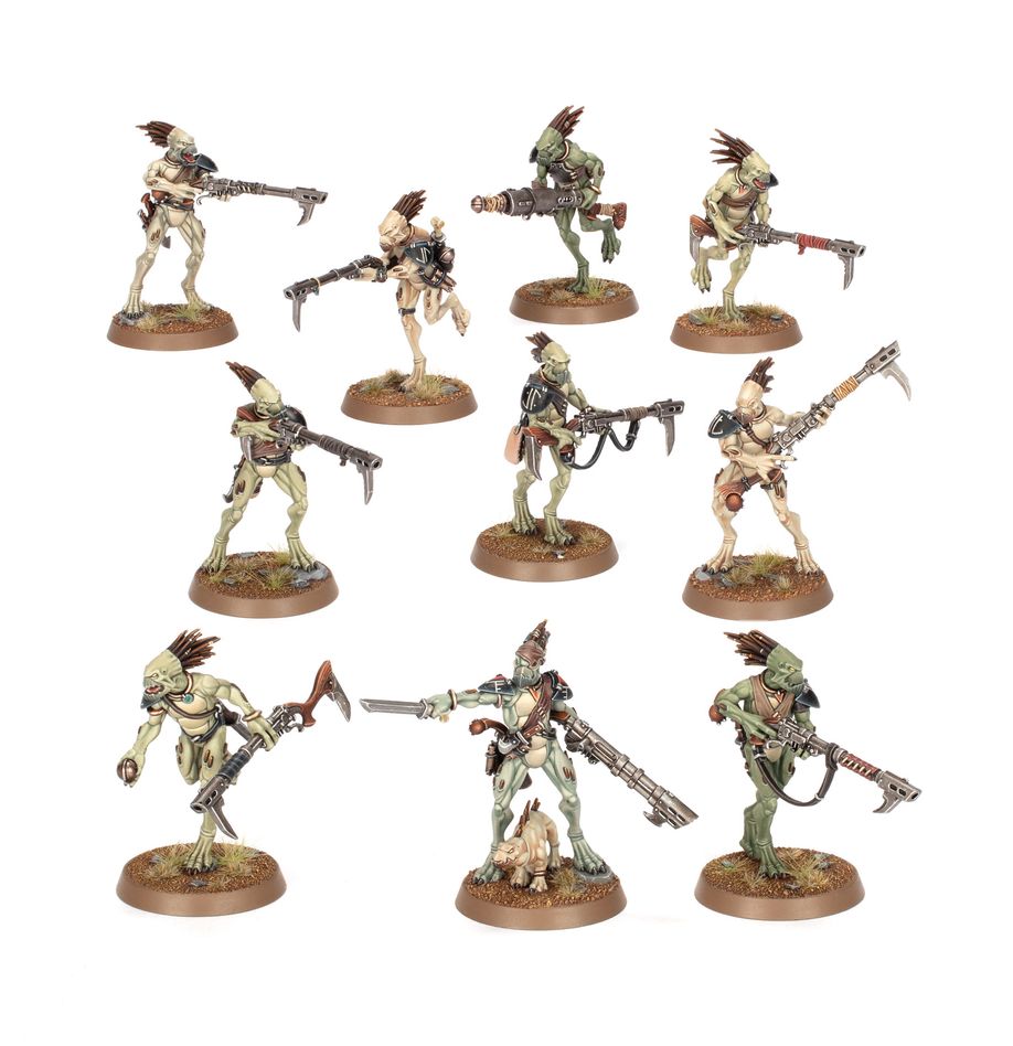 Warhammer 40,000 T'au Empire Kroot Carnivores miniatures by THE MIGHTY HOBBY SHOP, detailed models with tribal features and weapons.