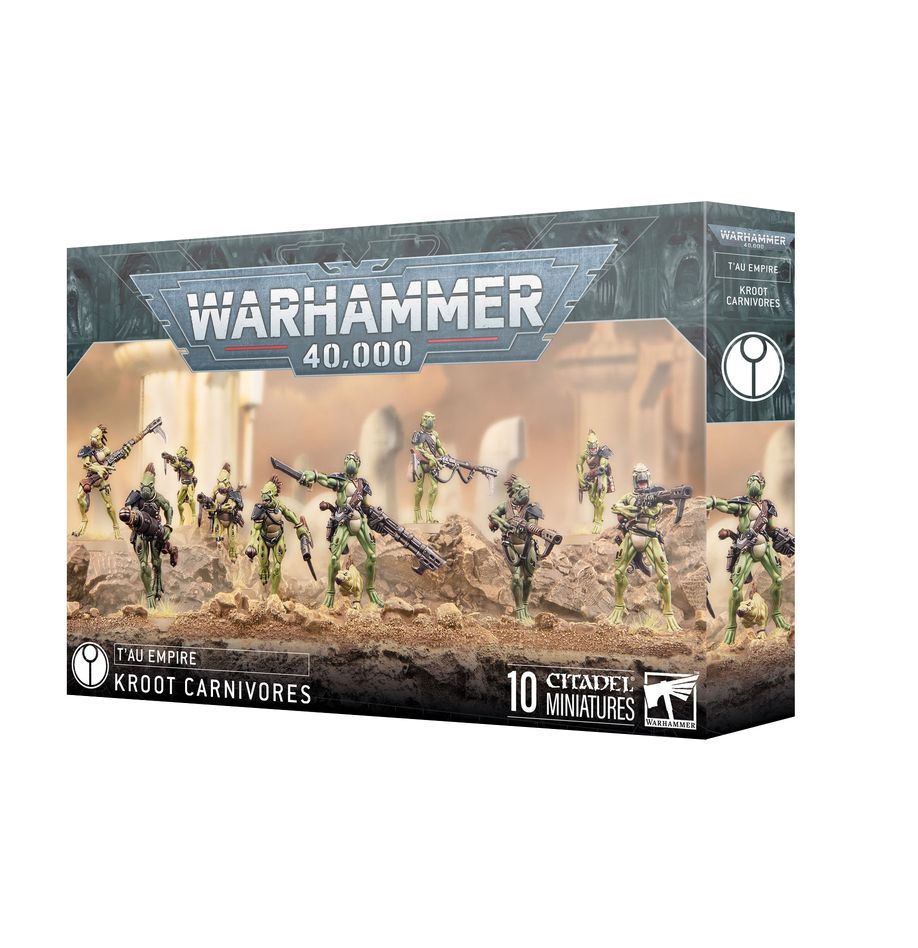 Kroot Carnivores miniatures from Warhammer 40,000 T'au Empire, detailed models with green skin and hunting gear, ready for tabletop.