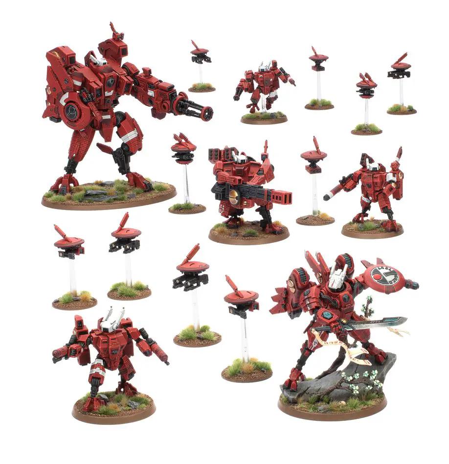 T’au Empire Farsight Cadre miniature set from Warhammer 40K, featuring detailed tau models with weapons and armor.