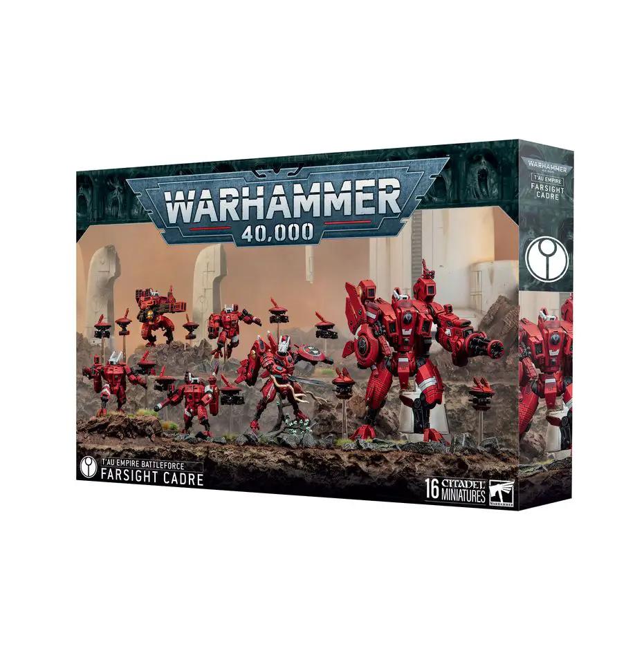 T’au Empire Farsight Cadre miniature set from Warhammer 40K, featuring detailed Tau commanders and troops in battle formation