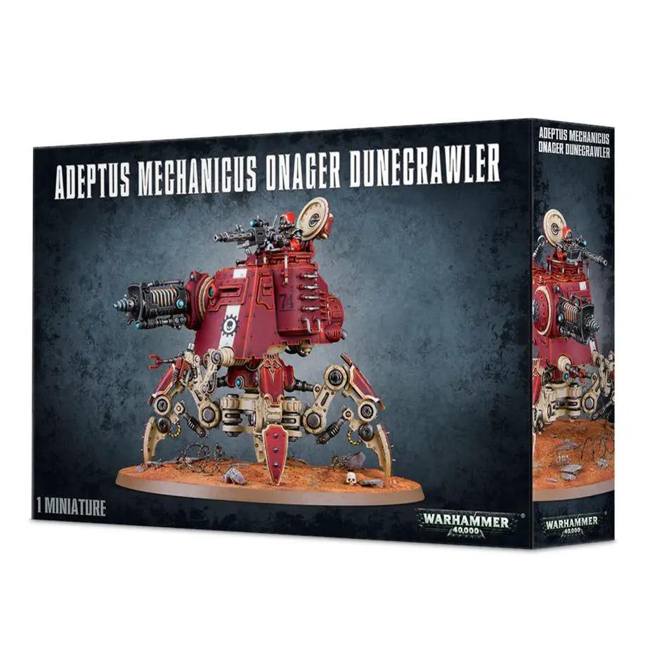 Adeptus Mechanicus Onager Dunecrawler model from Warhammer 40K, detailed sci-fi robotic vehicle on a display stand.