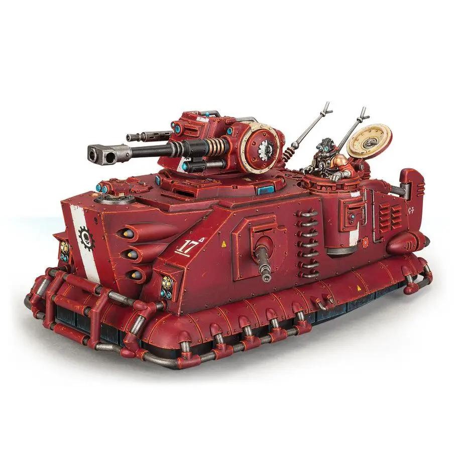 A detailed model of the Adeptus Mechanicus Skorpius Disintegrator from Warhammer 40K, featuring mechanical armor and weaponry.