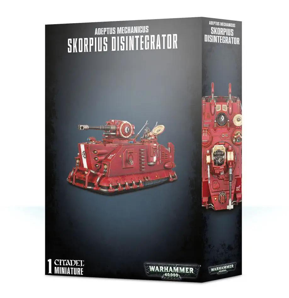 A detailed image of the Adeptus Mechanicus Skorpius Disintegrator model box, featuring artwork and product information.
