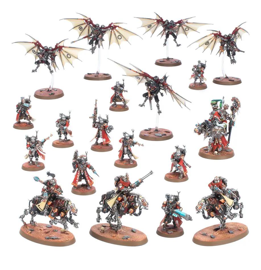 Adeptus Mechanicus Combat Patrol miniatures set from Warhammer 40K, featuring robotic units and tech-priest figures on a gaming table.