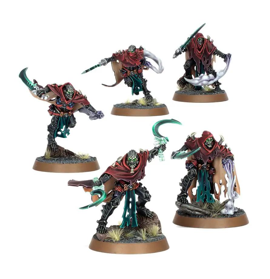 Ossiarch Bonereapers Mortis Reapers miniatures from THE MIGHTY HOBBY SHOP, featuring skeletal warriors with scythe weapons.