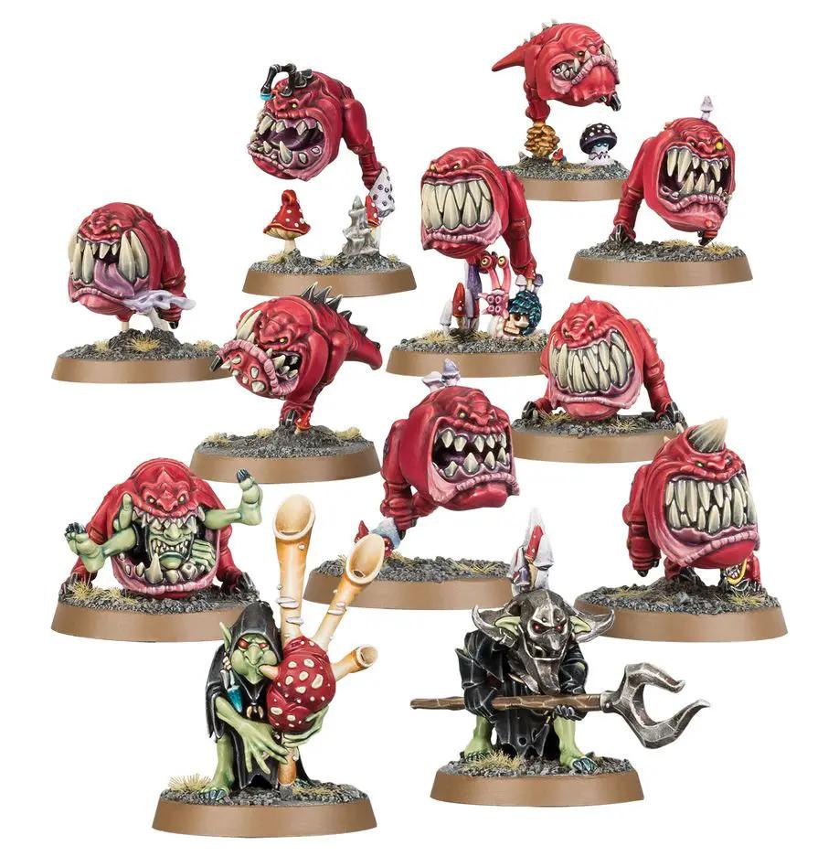Warhammer WarSquig Herd by THE MIGHTY HOBBY SHOP, featuring a group of detailed squigs and goblin riders in vibrant colors.
