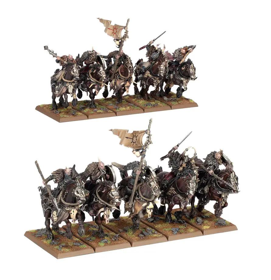 Chaos Marauder Horsemen from Warriors of Chaos, featuring detailed armor and weaponry, on dynamic horseback in a fantasy setting.