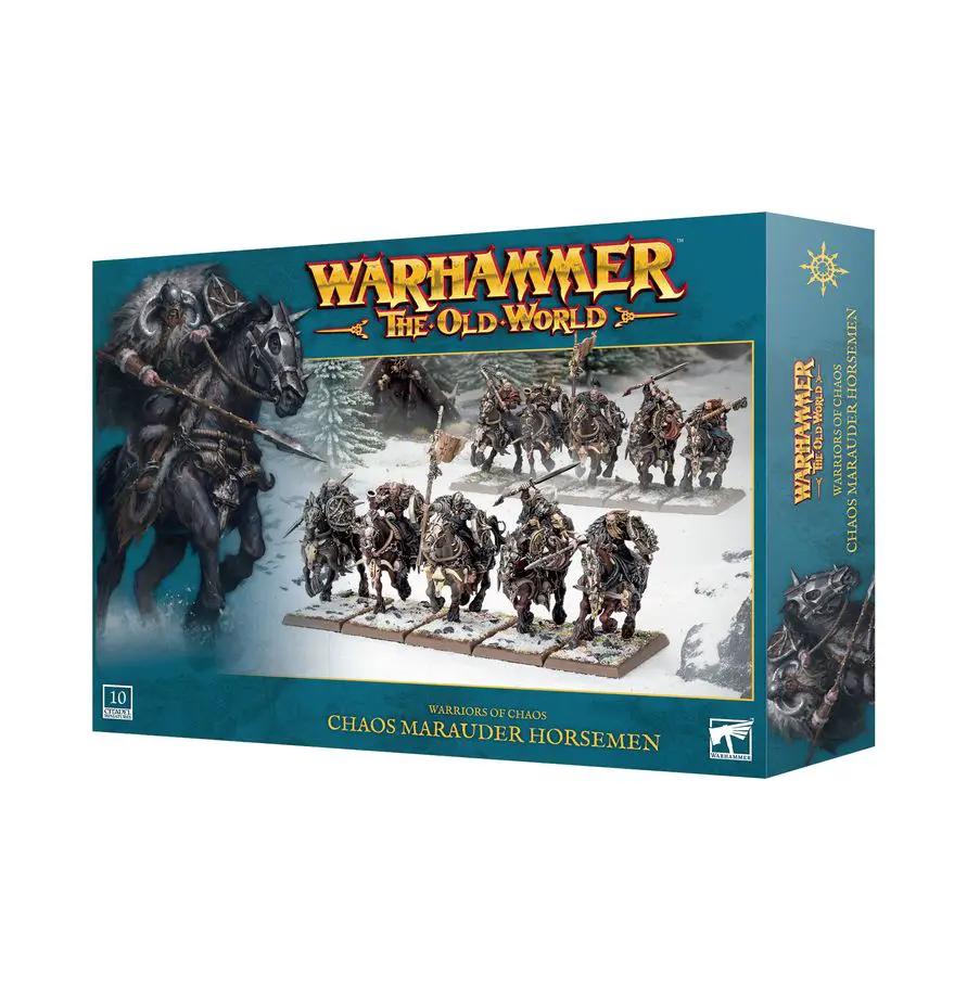 Chaos Marauder Horsemen from Warriors of Chaos, detailed miniature with armor and weapons, designed for tabletop gaming.