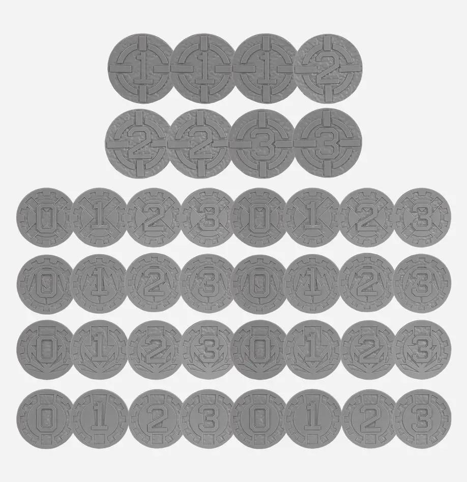 Age of Darkness markers and tokens for tabletop gaming, featuring detailed symbols and designs from THE MIGHTY HOBBY SHOP.