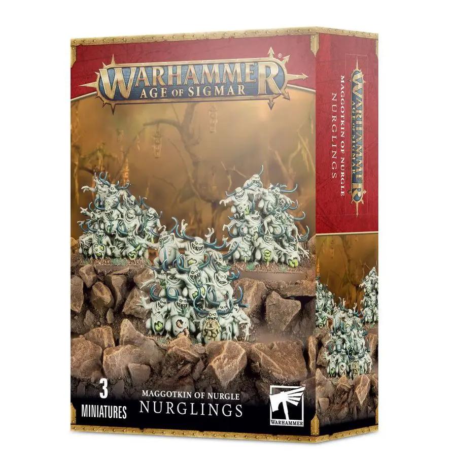Warhammer Age of Sigmar Nurglings miniature set by THE MIGHTY HOBBY SHOP, featuring small, grotesque Nurgle creatures in a display.