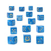 Ultramarines dice set for Warhammer 40,000 featuring blue and gold colors with Ultramarines symbols, perfect for tabletop gaming.