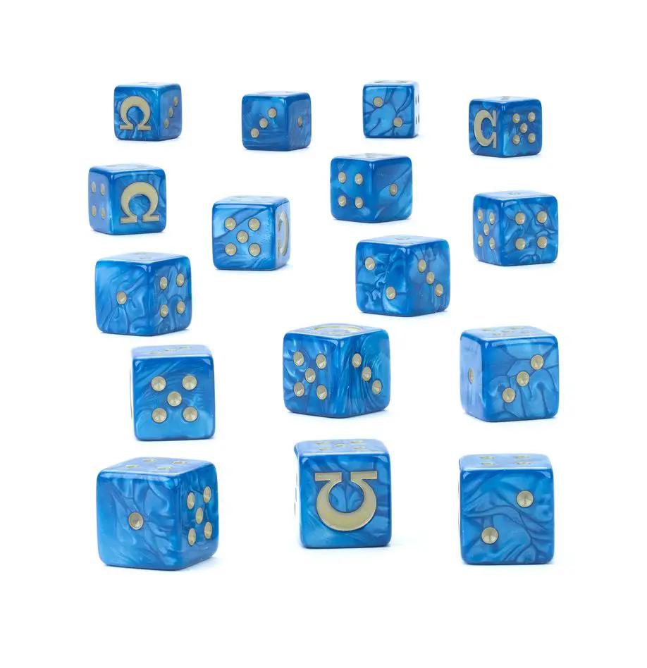 Ultramarines dice set for Warhammer 40,000 featuring blue and gold colors with Ultramarines symbols, perfect for tabletop gaming.