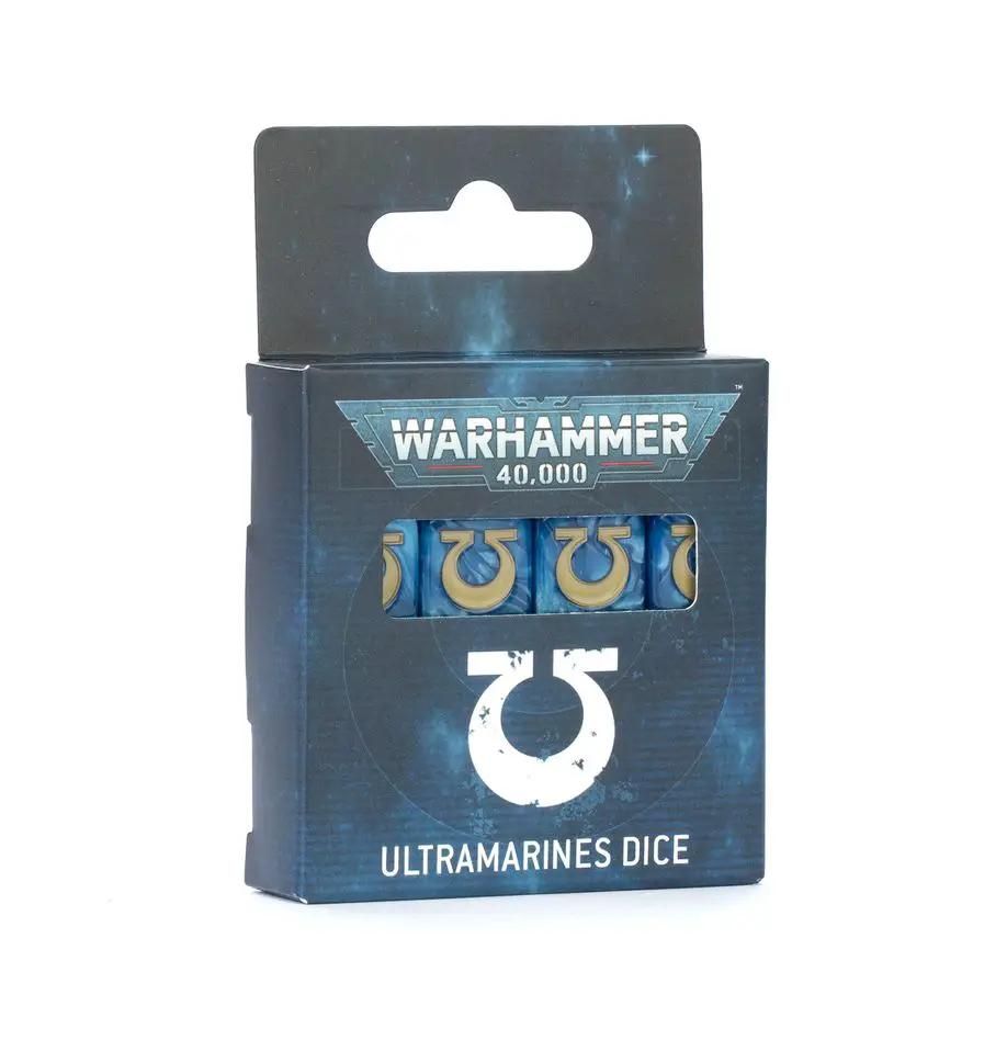Ultramarines dice set for Warhammer 40,000 featuring blue with gold accents and Ultramarines emblem, perfect for tabletop gaming.