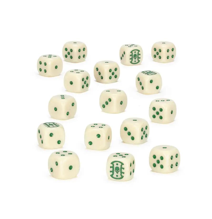 Set of Ossiarch Bonereapers dice from THE MIGHTY HOBBY SHOP, featuring detailed black and white gaming dice with bone-like designs.