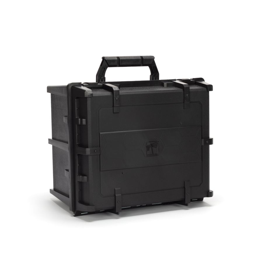 Warhammer battle figure case in black with protective foam interior, designed for storing and transporting miniatures safely.