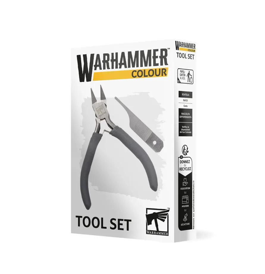 Warhammer Colour Tool Set from THE MIGHTY HOBBY SHOP, featuring brushes, paints, and applicators for miniature painting.
