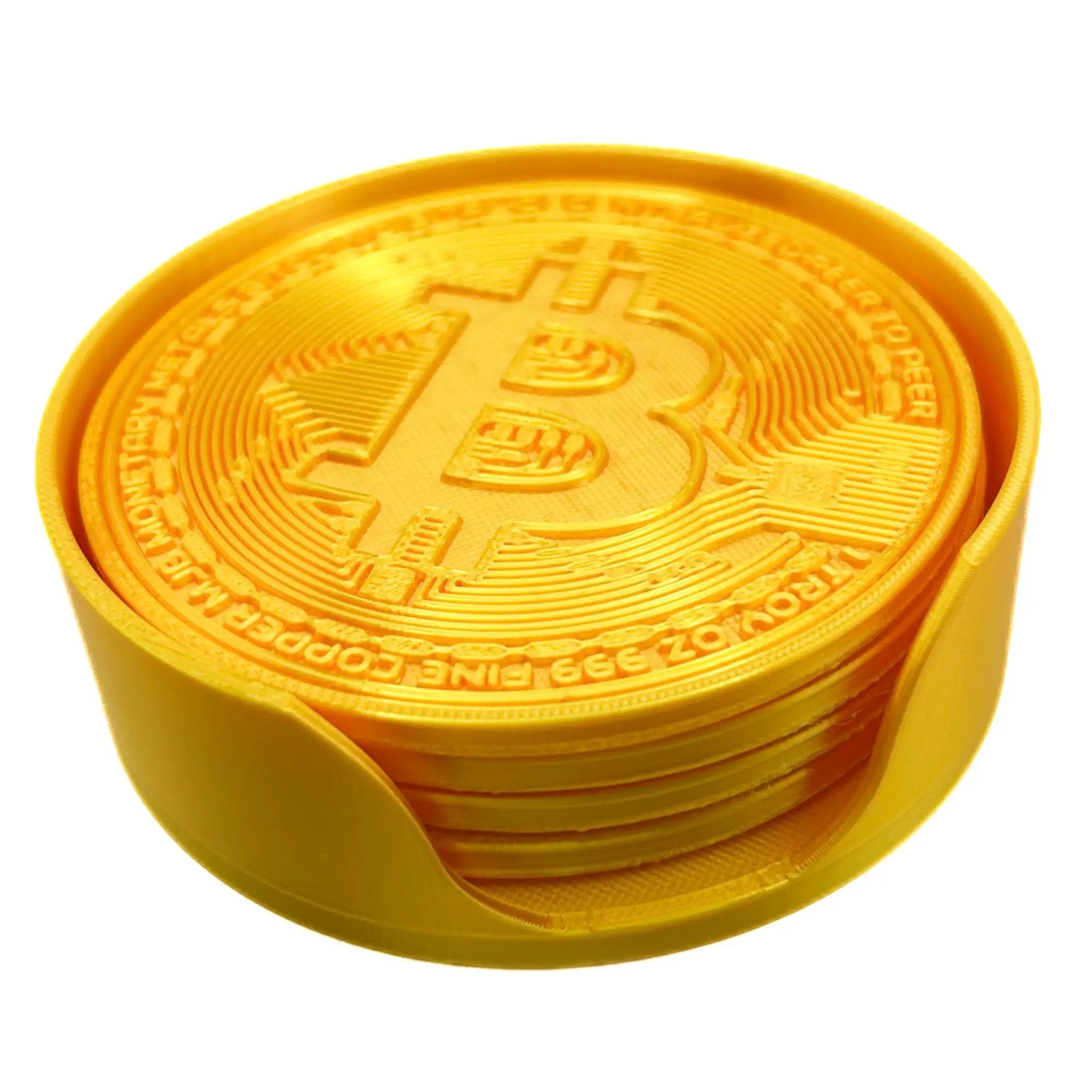 Bitcoin Coasters Set by B3 Customs featuring round coasters with Bitcoin logo design on a wooden surface.