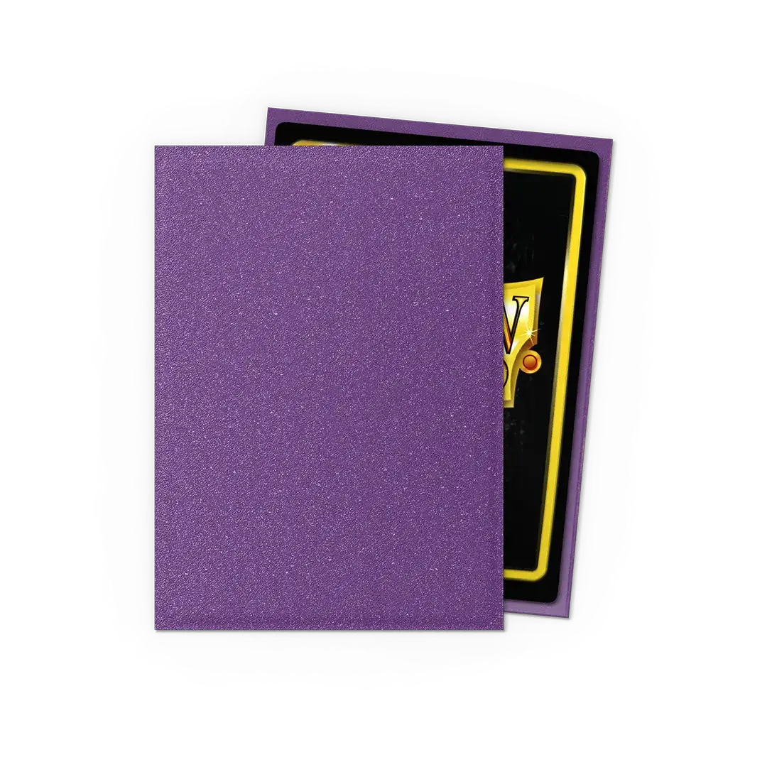 Matte amethyst-colored sleeves for standard size cards, designed for collectible card protection by THE MIGHTY HOBBY SHOP.