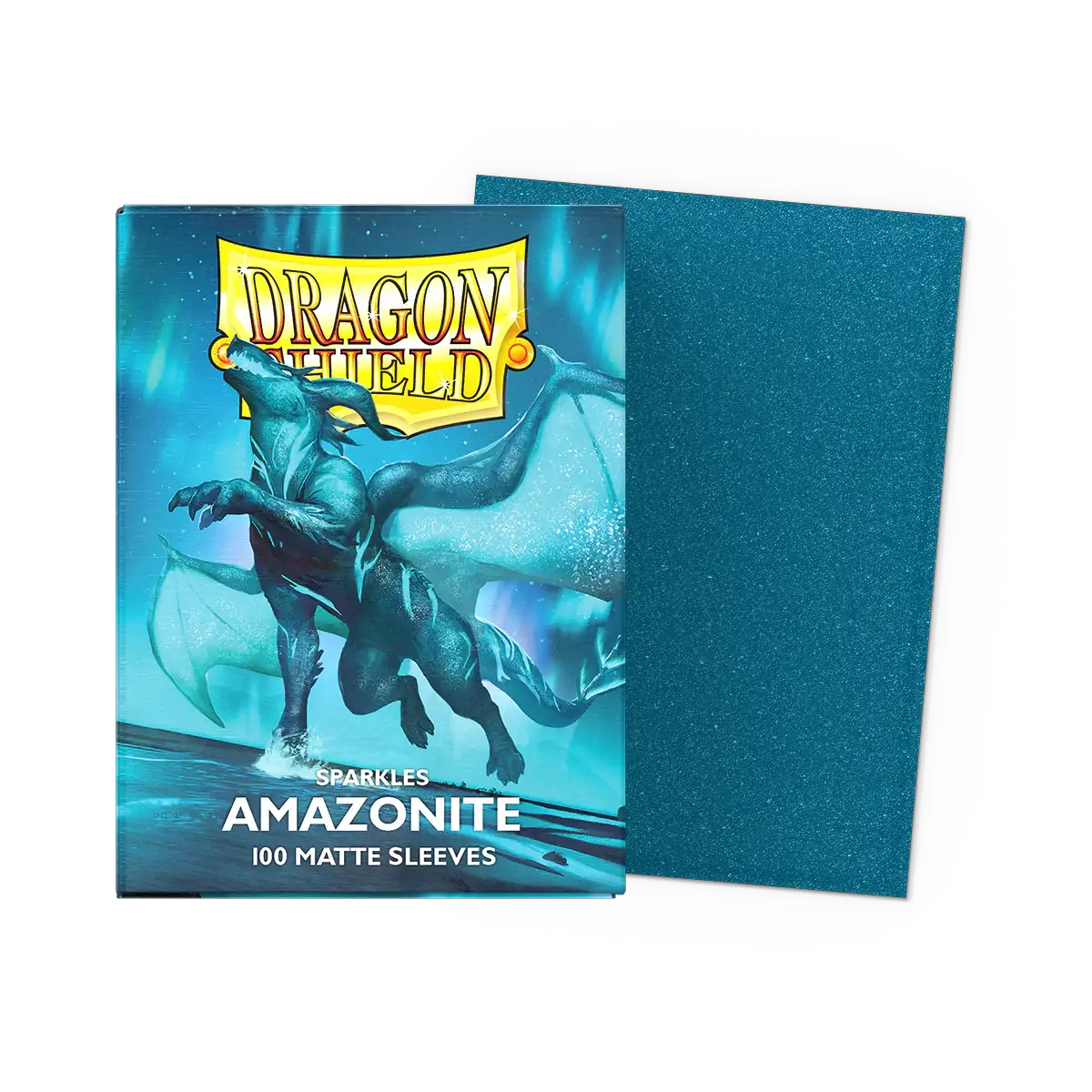 Matte Dragon Shield sleeve featuring Amazonite design by THE MIGHTY HOBBY SHOP, with sparkles and a flat box style.