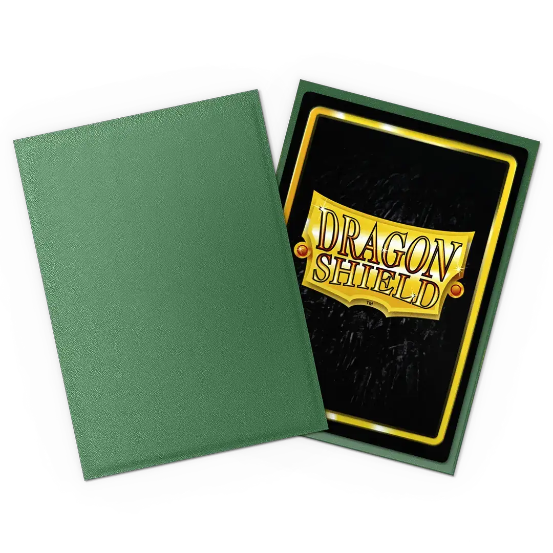 Forest green non-glare matte sleeves in standard size, featuring smooth finish and transparent design for trading cards.