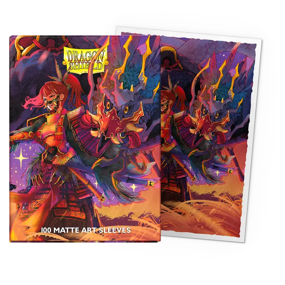 Matte art trading sleeves with standard size, featuring The Fallen design from THE MIGHTY HOBBY SHOP, shown in a clear, close-up view.