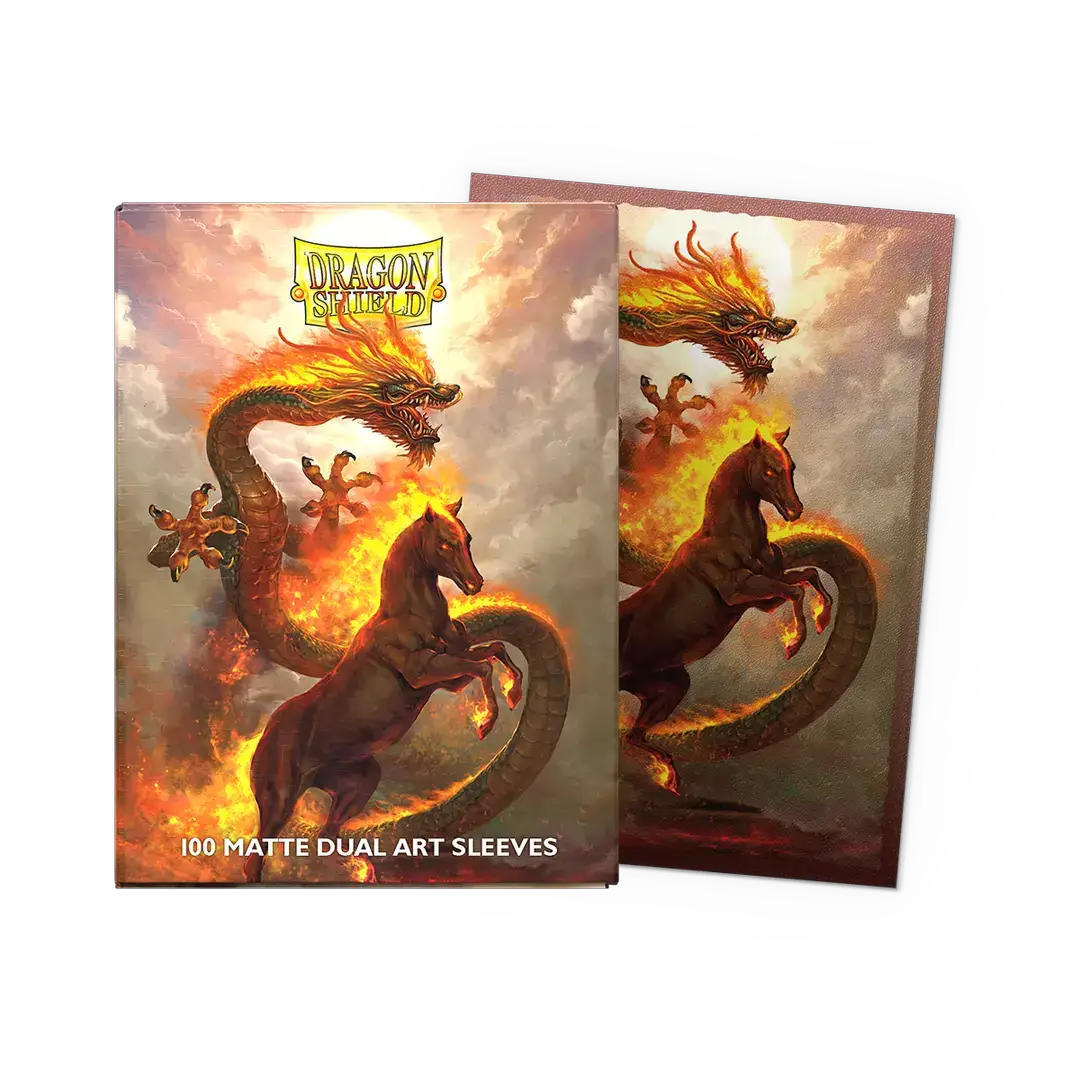 Matte dual art sleeves featuring the Fire Horse 2026 design, compatible with trading card games, by THE MIGHTY HOBBY SHOP.
