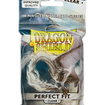 Clear top-loading perfect fit sleeves for trading cards, designed by THE MIGHTY HOBBY SHOP, shown in a close-up image.