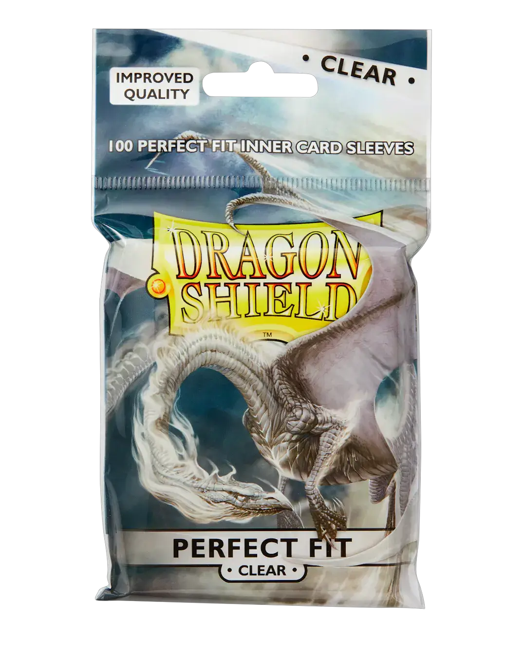 Clear top-loading perfect fit sleeves for trading cards, designed by THE MIGHTY HOBBY SHOP, shown in a close-up image.