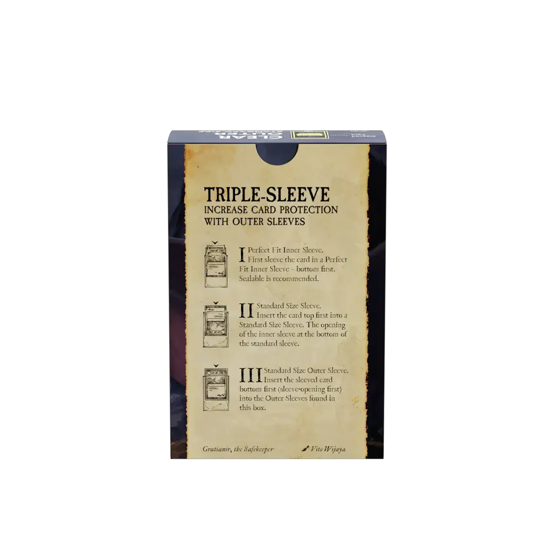 Clear matte outer sleeves, three pack by THE MIGHTY HOBBY SHOP, showing transparent protective sleeves for collectible cards.