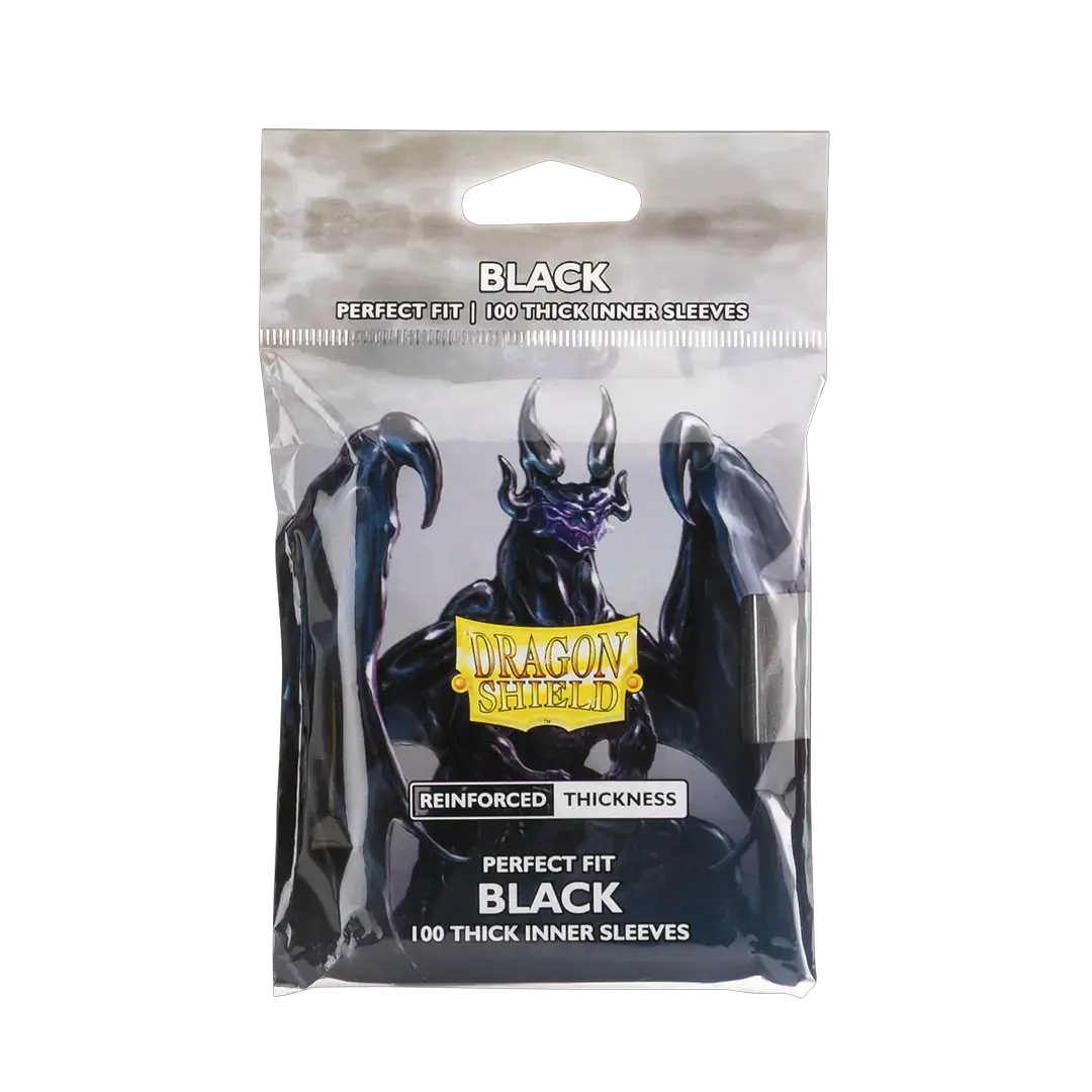 Black thick inner sleeves for card protection, designed for perfect fit by THE MIGHTY HOBBY SHOP, shown in the image.