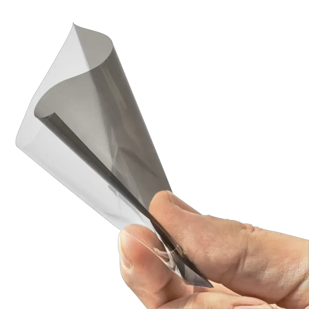 Smoke-colored Toploading Perfect Fit Sleeves for trading cards, designed by THE MIGHTY HOBBY SHOP, shown in a close-up image.