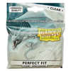 Clear sideloading perfect fit sleeves for trading cards, designed by THE MIGHTY HOBBY SHOP, shown in a close-up image