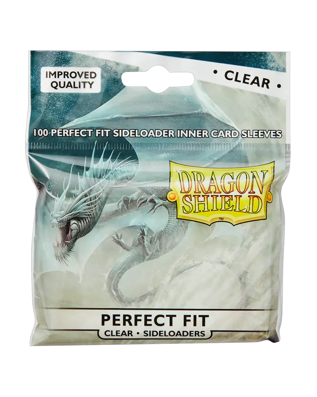 Clear sideloading perfect fit sleeves for trading cards, designed by THE MIGHTY HOBBY SHOP, shown in a close-up image