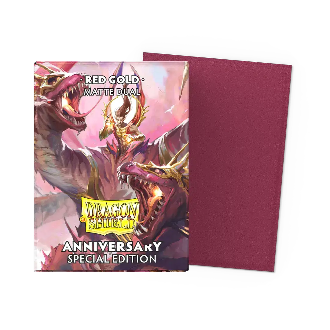 Matte dual sleeves with pomegranate and gold design from THE MIGHTY HOBBY SHOP, shown in close-up with detailed accents.