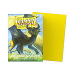 Yellow and silver matte Dragon Shield dual sleeves from THE MIGHTY HOBBY SHOP, shown in a close-up image.