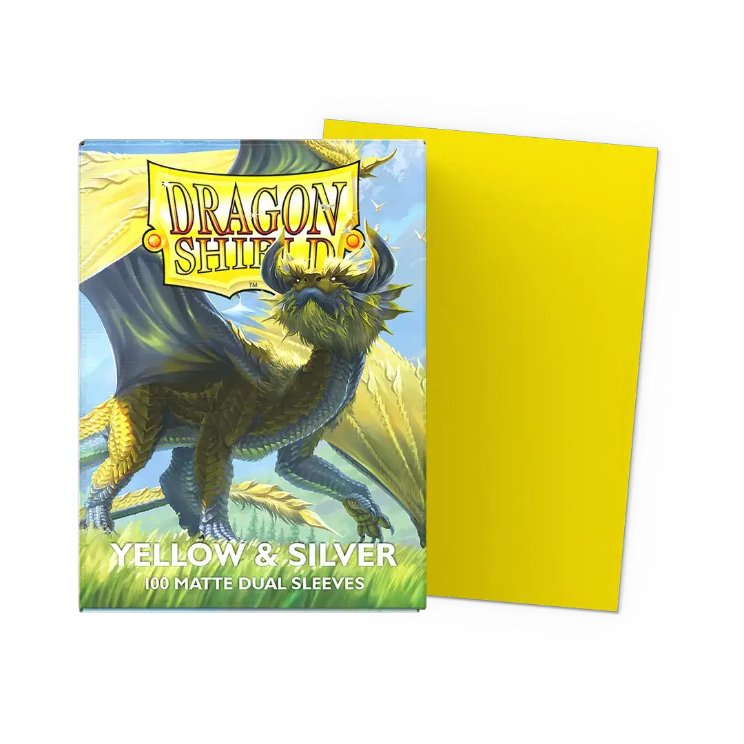Yellow and silver matte Dragon Shield dual sleeves from THE MIGHTY HOBBY SHOP, shown in a close-up image.