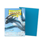 Sky blue and silver matte Dragon Shield dual sleeves by THE MIGHTY HOBBY SHOP, shown in a close-up image.