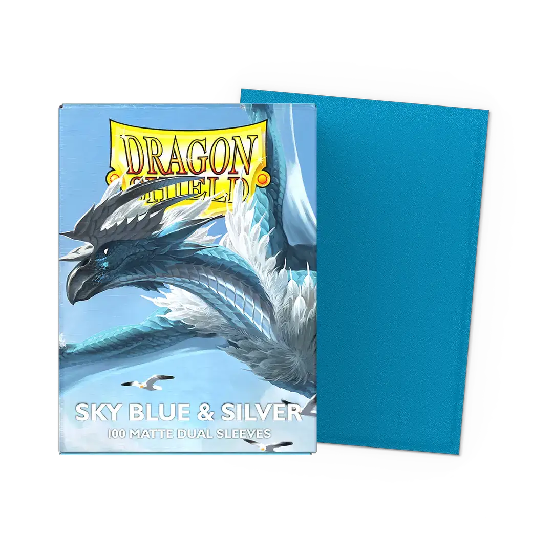Sky blue and silver matte Dragon Shield dual sleeves by THE MIGHTY HOBBY SHOP, shown in a close-up image.
