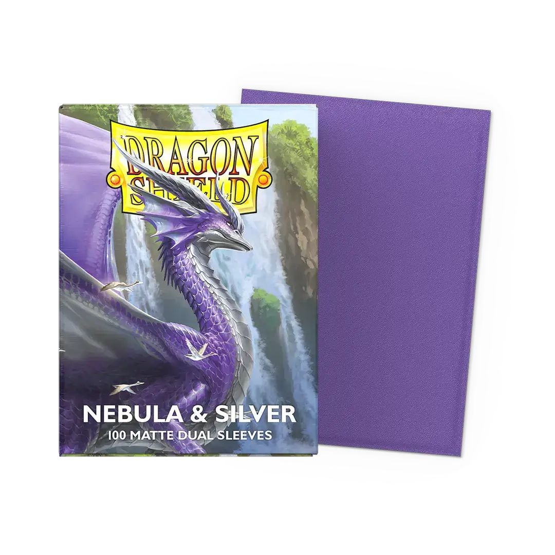 Dragon Shield Nebula and Silver matte dual sleeves from THE MIGHTY HOBBY SHOP, showing protective card sleeves with a cosmic design.