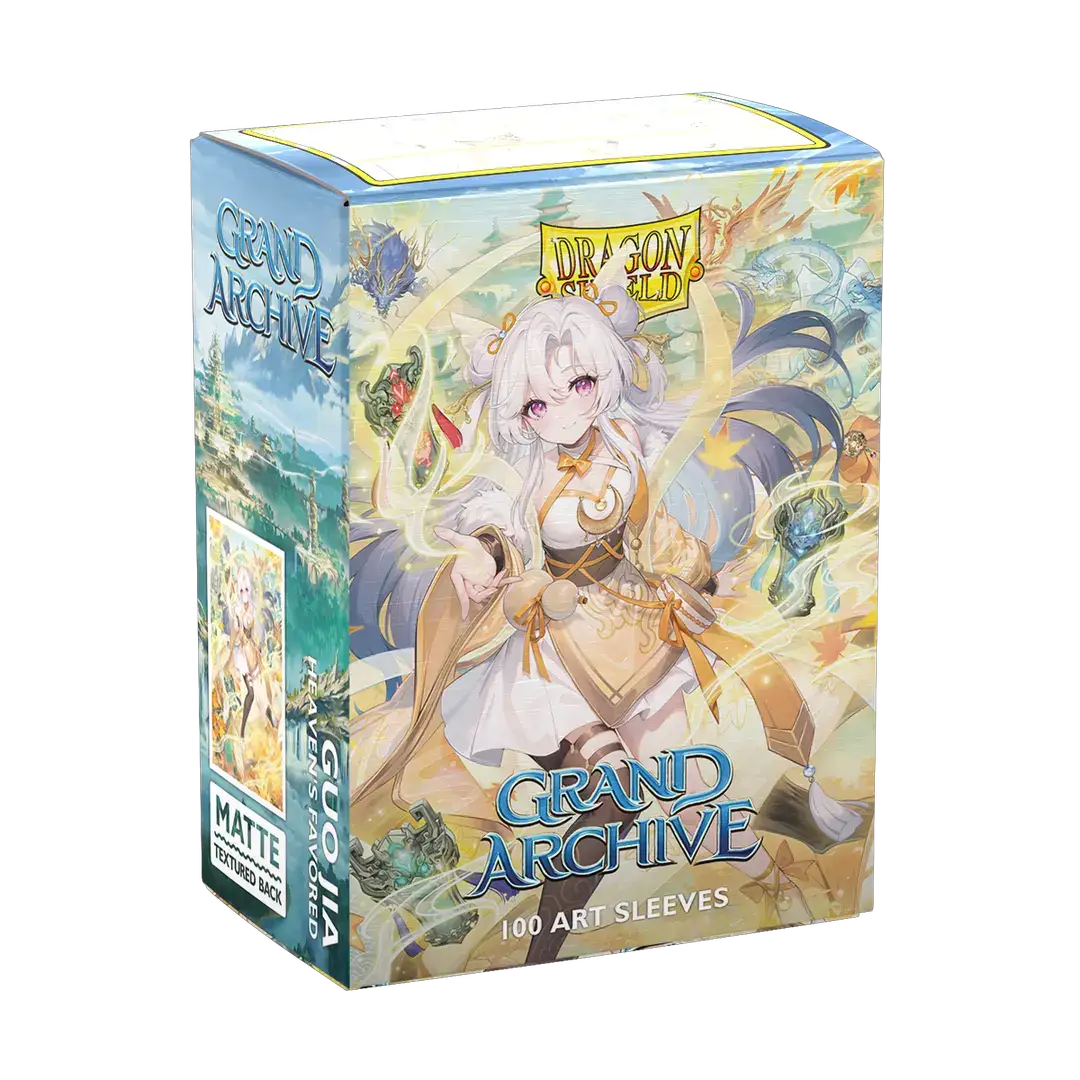 Matte art sleeves featuring Guo Jia from Grand Archive, standard size, with detailed character artwork for collectible card protection.