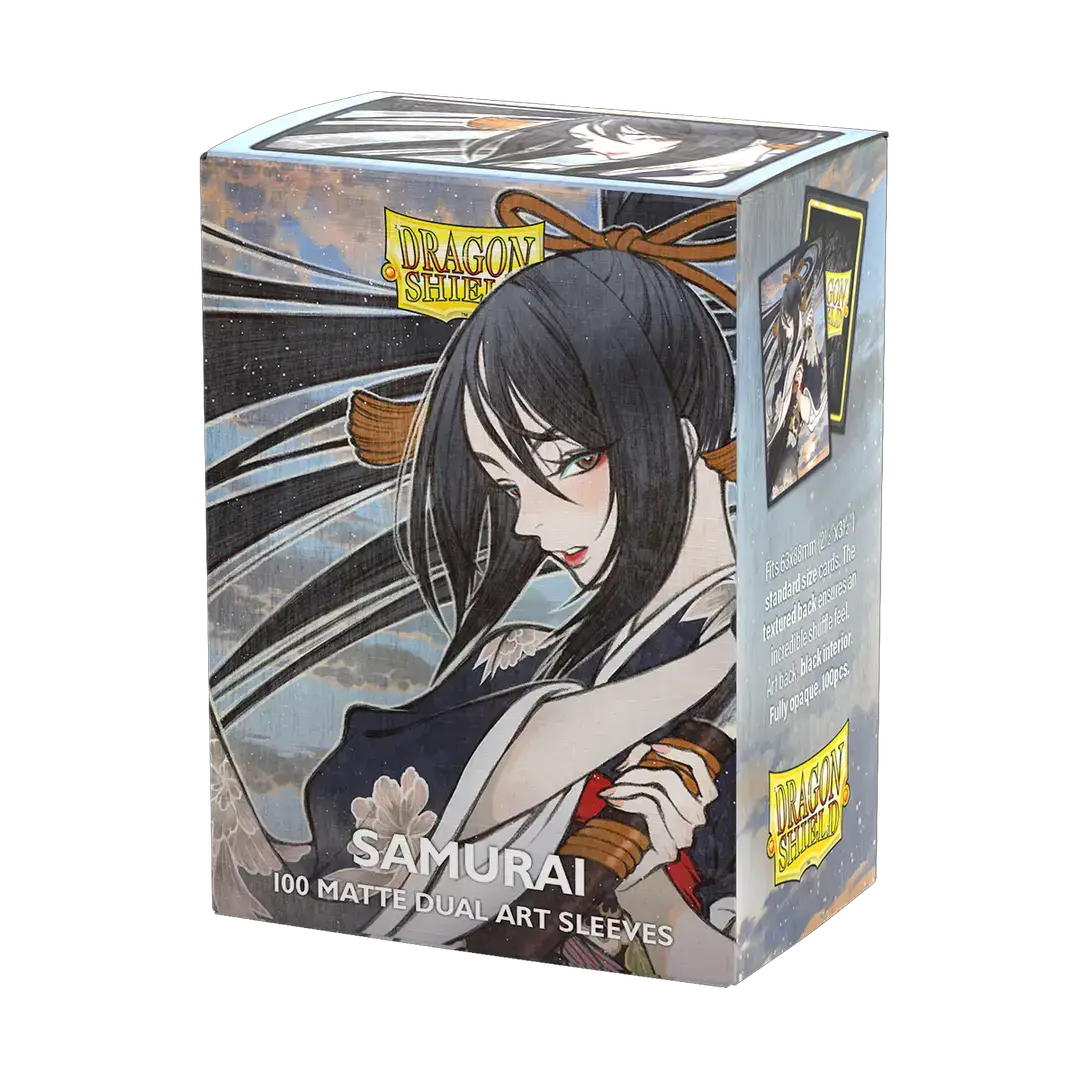 Matte dragon shield Samurai art sleeves by THE MIGHTY HOBBY SHOP, featuring detailed Japanese warrior design for collectible card protection.
