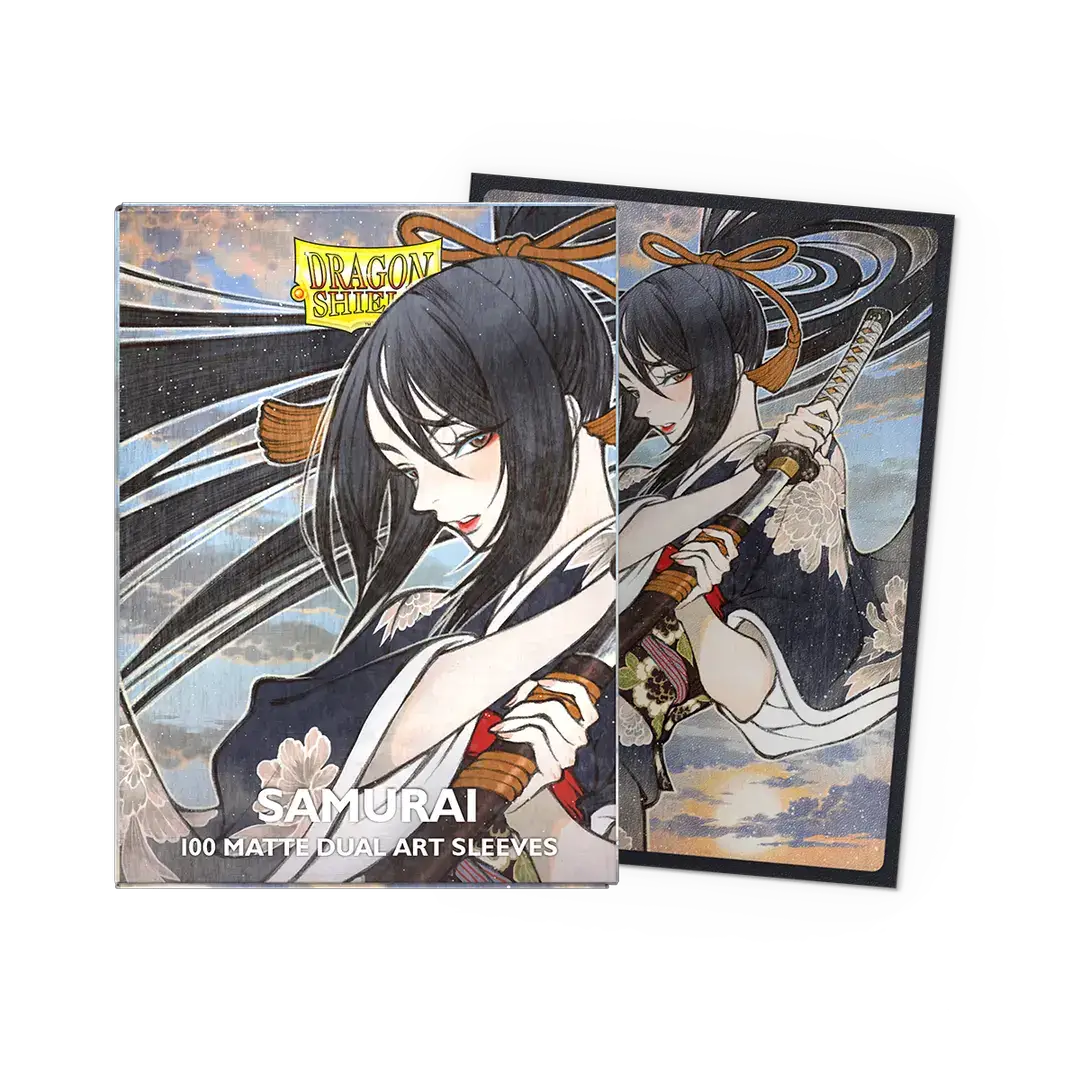 Dragon Shield Samurai matte dual art sleeves featuring traditional Japanese warrior design, ideal for protecting collectible trading cards.