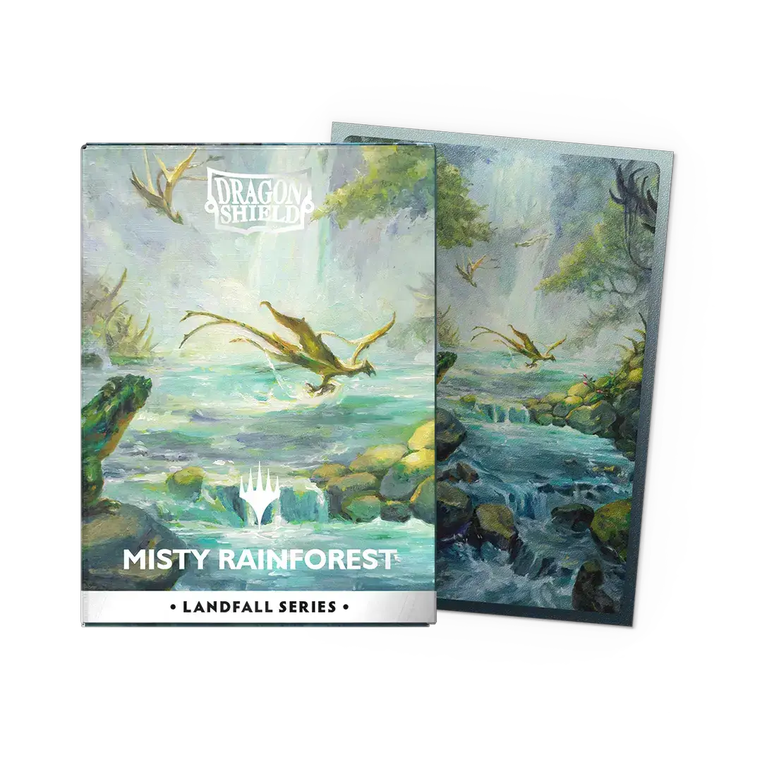 Misty Rainforest matte dual art sleeves from the Landfall Series featuring vibrant rainforest artwork, designed for collectible card protection.