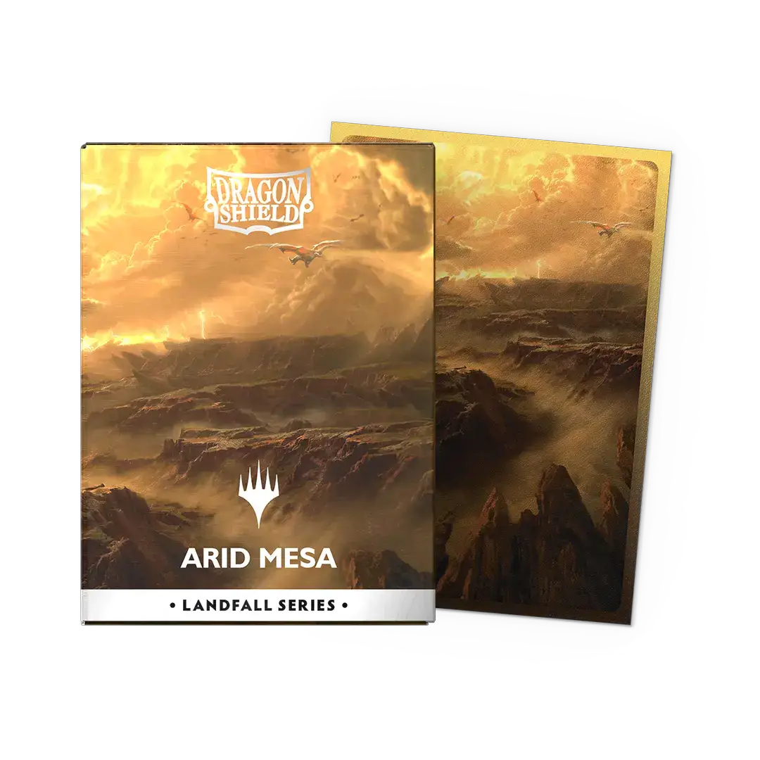 Matte Arid Mesa dual art sleeves from the Landfall Series by THE MIGHTY HOBBY SHOP, featuring vibrant desert landscape designs.