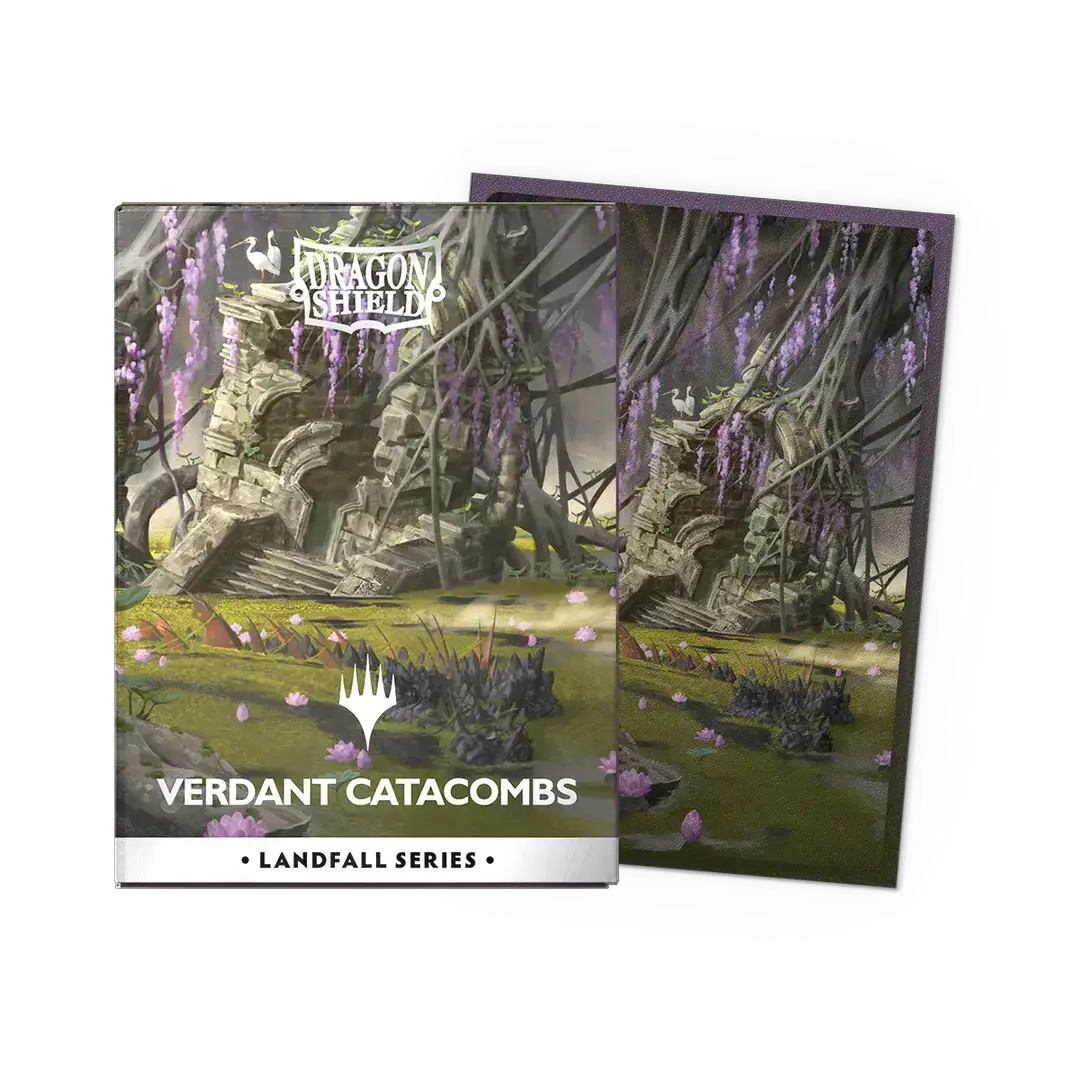 Matte dual art sleeves from the Landfall Series Verdant Catacombs by THE MIGHTY HOBBY SHOP, featuring vibrant green artwork.