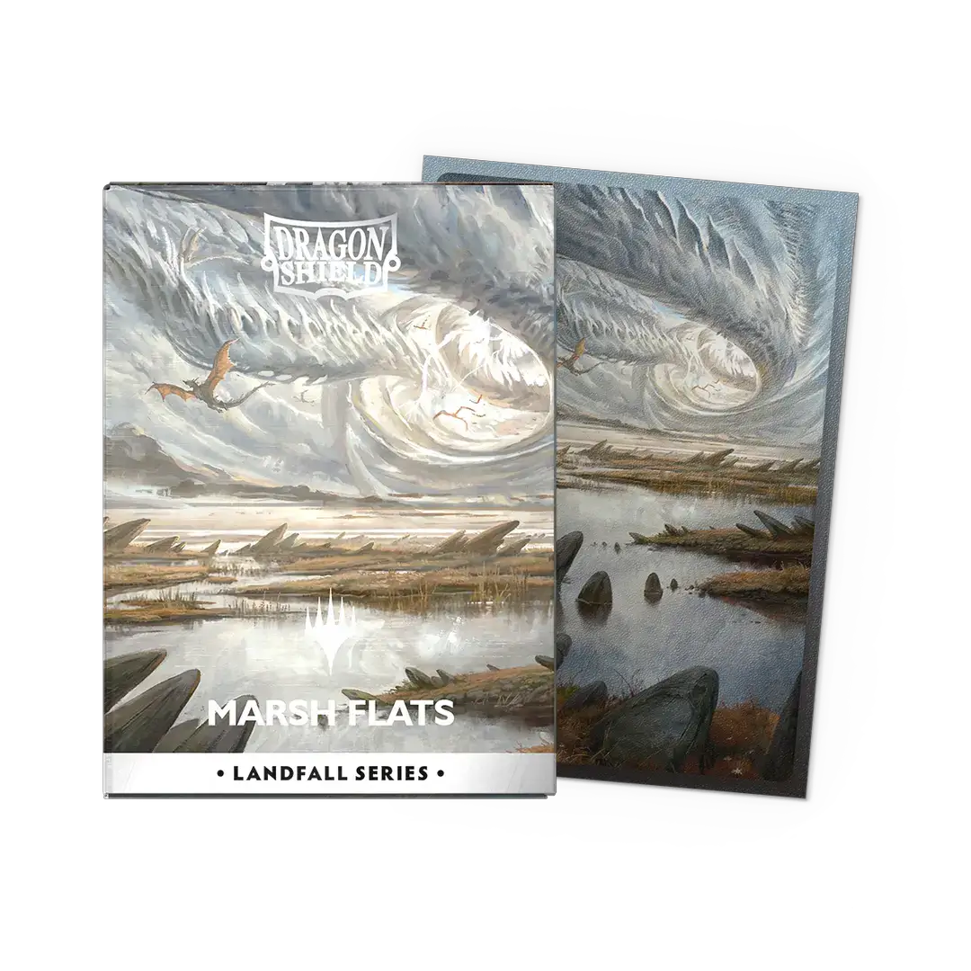 Matte dual art sleeves from the Landfall Series Marsh Flats by THE MIGHTY HOBBY SHOP, featuring colorful land card artwork.