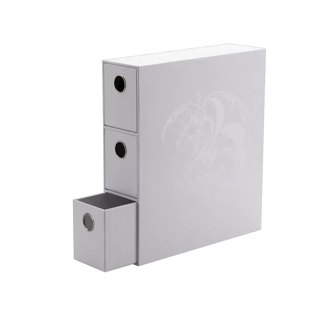White Fortress Card Drawers by THE MIGHTY HOBBY SHOP, featuring multiple storage drawers in a sleek white finish for organizing trading cards.