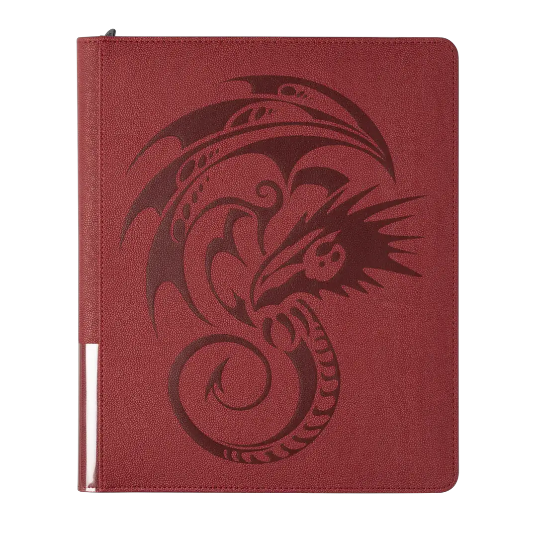 Blood red Card Codex Zipster binder by THE MIGHTY HOBBY SHOP with a zipper closure and regular size, shown open with card slots inside.